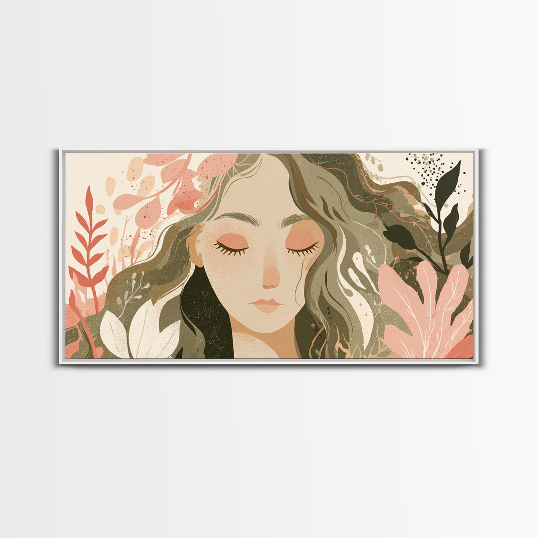 Serene Floral Woman Portrait Wall Art, Boho Botanical Canvas Wall Decor, Feminine Neutral Living Room Art Print, Gift For Her