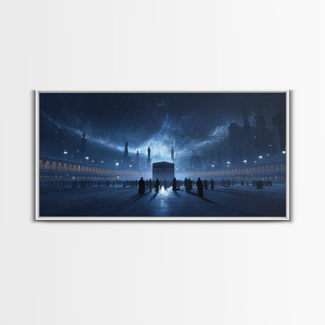 Kaaba Under Starry Blue Night Wall Art, Islamic Architecture Canvas Print, Ramadan Decor, Spiritual Travel Poster Gift Idea