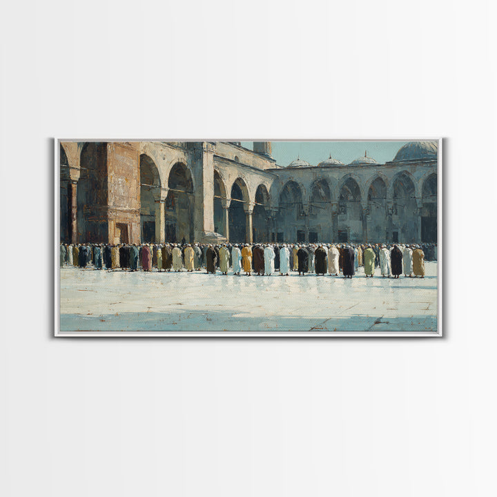 Islamic Courtyard Prayer Gathering Wall Art, Mosque Architecture Canvas Print, Muslim Home Decor, Ramadan Eid Spiritual Gift