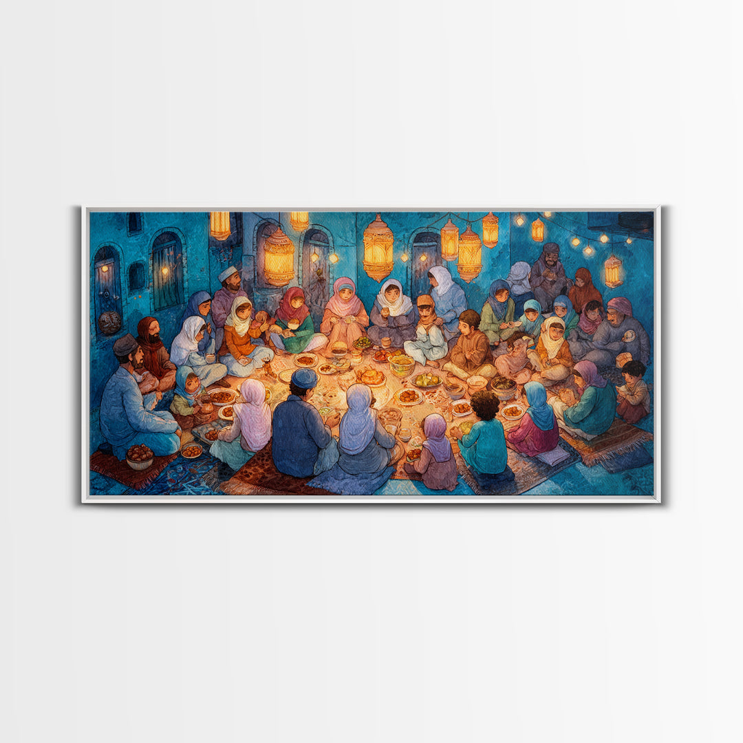 Ramadan Iftar Family Feast Under Lanterns Canvas Print, Islamic Wall Art, Eid Decor, Muslim Home Decor, Housewarming Gift