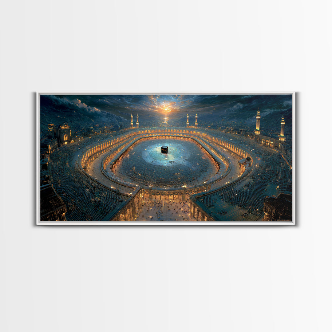 Aerial Kaaba Pilgrimage Wall Art, Islamic Framed Canvas Print, Mecca Mosque Spiritual Decor, Eid Muslim Housewarming Gift