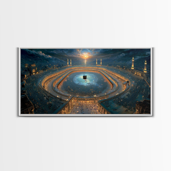 Aerial Kaaba Pilgrimage Wall Art, Islamic Framed Canvas Print, Mecca Mosque Spiritual Decor, Eid Muslim Housewarming Gift