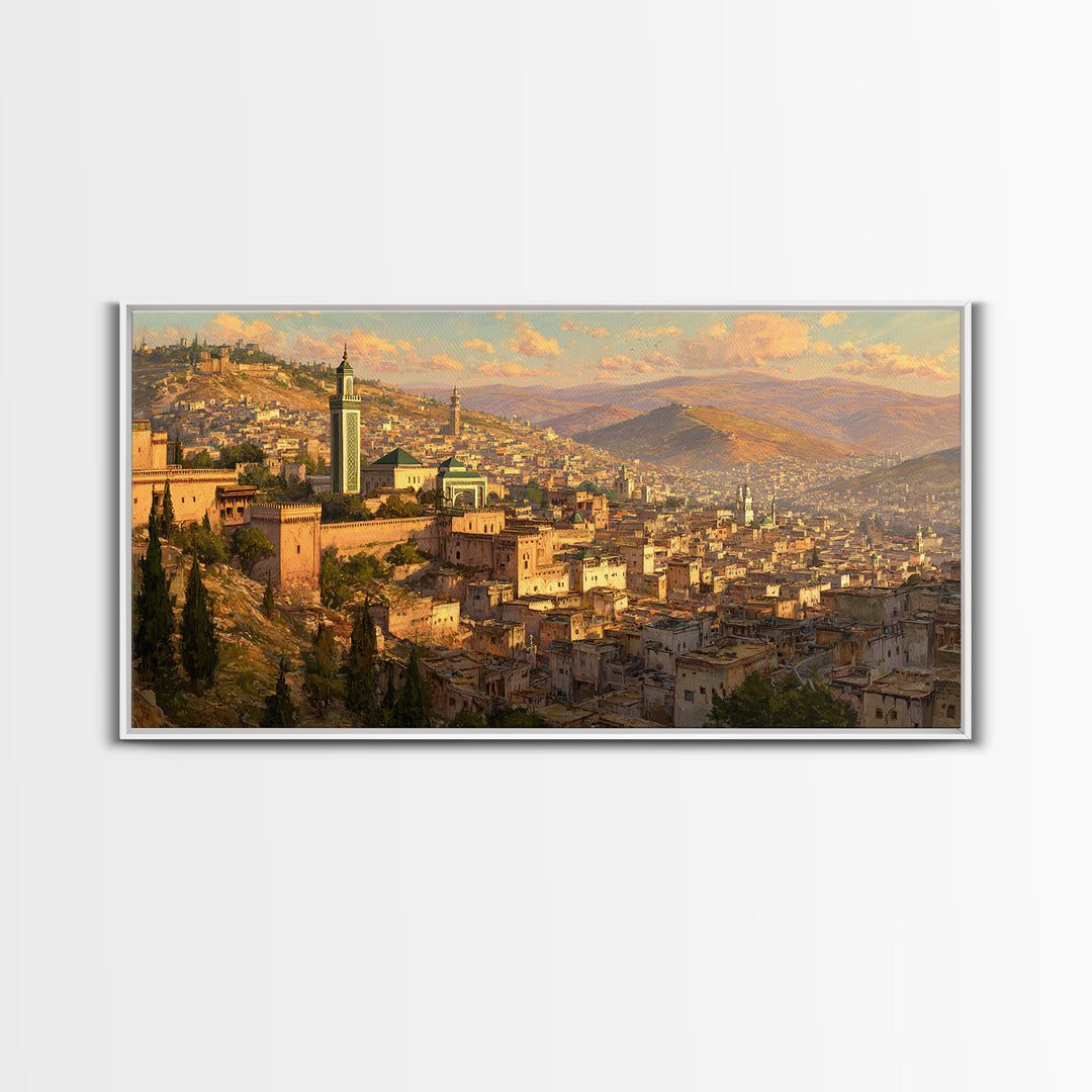 Golden Moroccan Medina Cityscape Canvas Print, Travel Poster Wall Art For Living Room Decor And Elegant Morocco Wall Decor