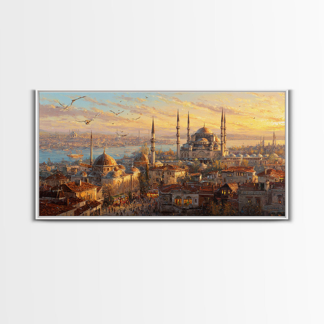 Istanbul Mosque Skyline At Sunset Wall Art, Turkish Travel Poster, Islamic Architecture Canvas Print, Warm City Living Room Decor
