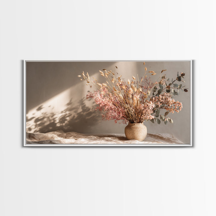 Blush Dried Floral Bouquet In Ceramic Vase Framed Canvas Print, Neutral Boho Wall Art, Earth Tone Living Room Decor Gift