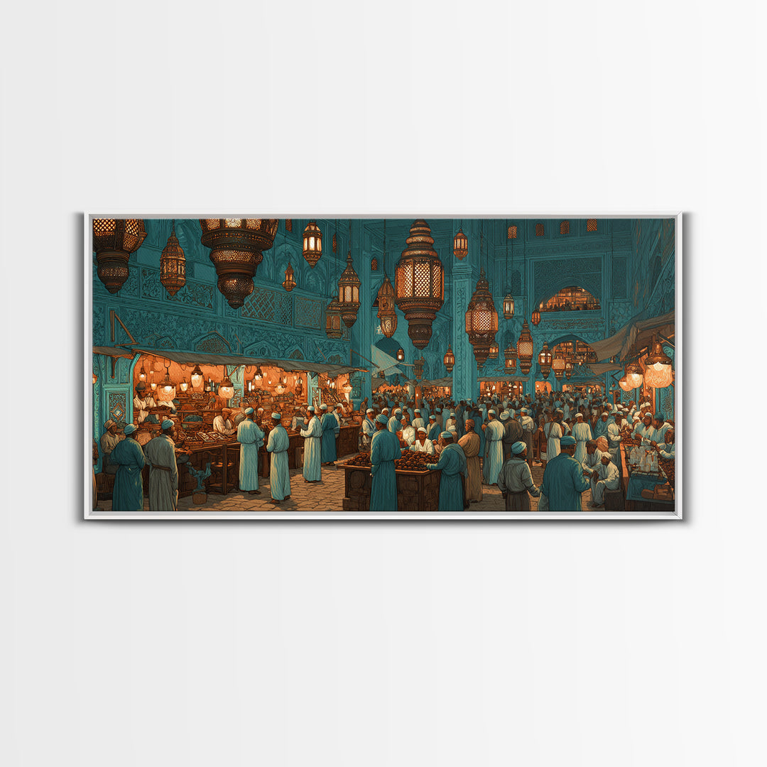 Moroccan Lantern Market Wall Art, Teal Souk Scene, Islamic Architecture Print, Middle Eastern Home Decor, Ramadan Gift For Living Room