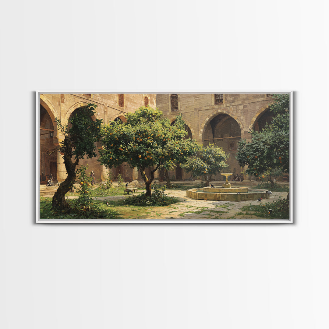 Orange Tree Courtyard Wall Art, Mediterranean Garden Canvas Print, Italian Villa Decor, Rustic Landscape, Housewarming Gift