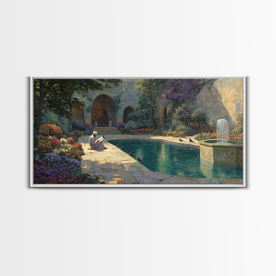 Serene Courtyard Garden With Fountain Wall Art, Mediterranean Canvas Print, Islamic Architecture, Peaceful Reading Nook Decor