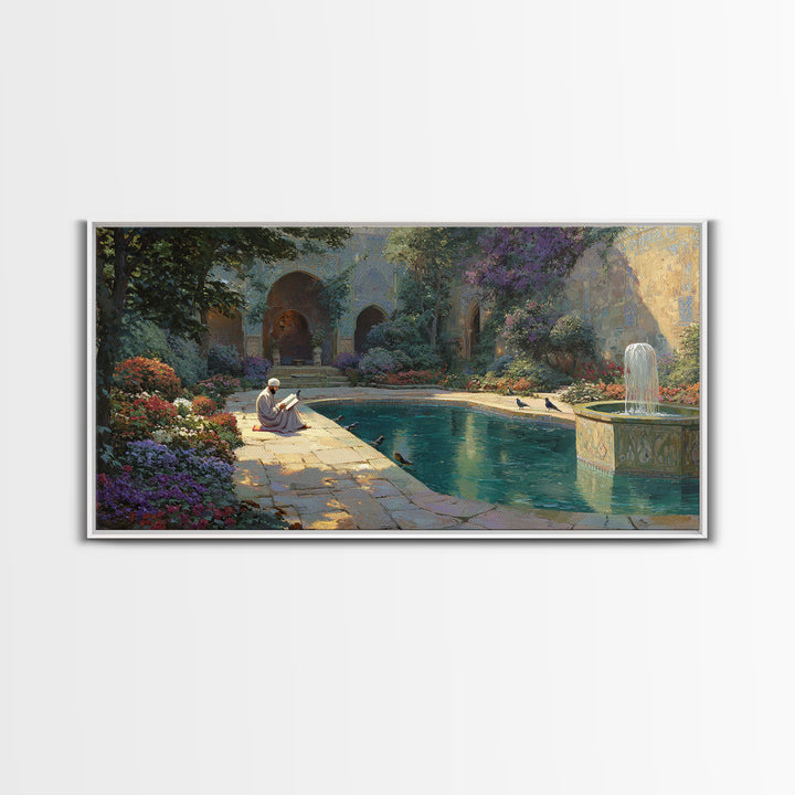 Serene Courtyard Garden With Fountain Wall Art, Mediterranean Canvas Print, Islamic Architecture, Peaceful Reading Nook Decor