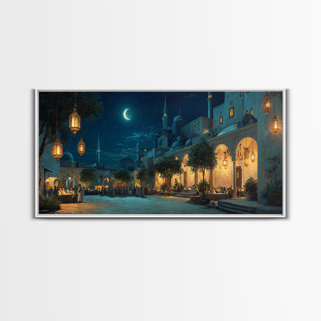 Moonlit Middle Eastern Market Street Wall Art, Islamic Architecture Canvas Print, Ramadan Decor, Moroccan Night Poster, Eid Gift