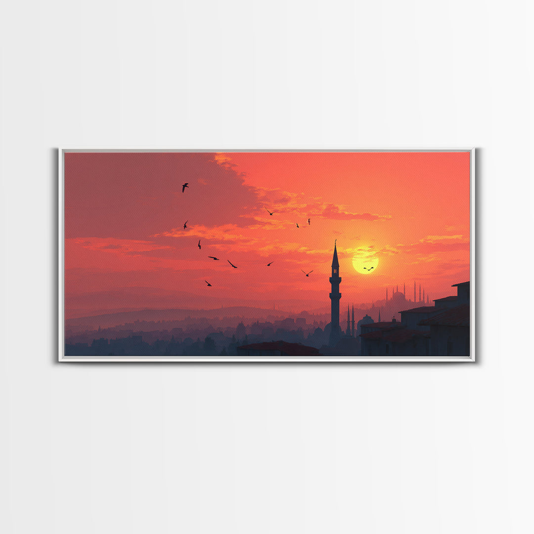 Istanbul Sunset Minaret Skyline Wall Art, Turkish Travel Poster For Living Room Decor, Orange Wall Decor And Housewarming Gift
