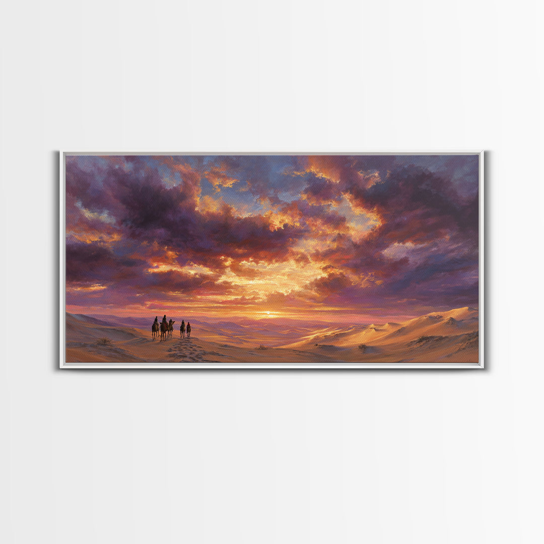 Desert Caravan At Purple Sunset Wall Art, Arabian Landscape Canvas Print, Dunes Travel Poster, Warm Boho Home Decor Gift