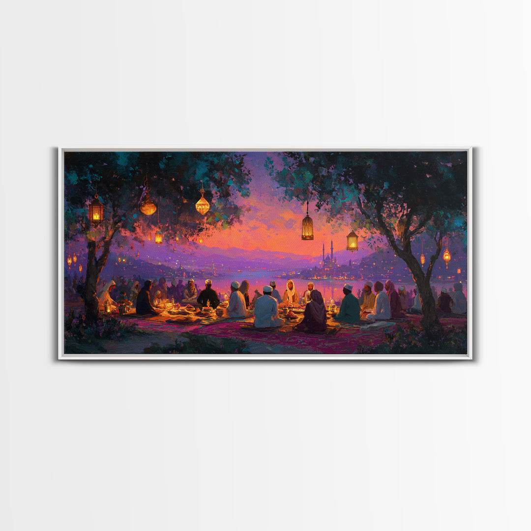 Lantern Lit Sunset Iftar Gathering Canvas Print, Islamic Wall Art, Ramadan Decor, Middle Eastern Home Decor Gift For Family
