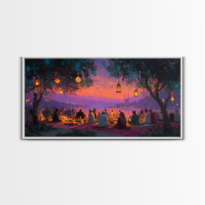 Lantern Lit Sunset Iftar Gathering Canvas Print, Islamic Wall Art, Ramadan Decor, Middle Eastern Home Decor Gift For Family