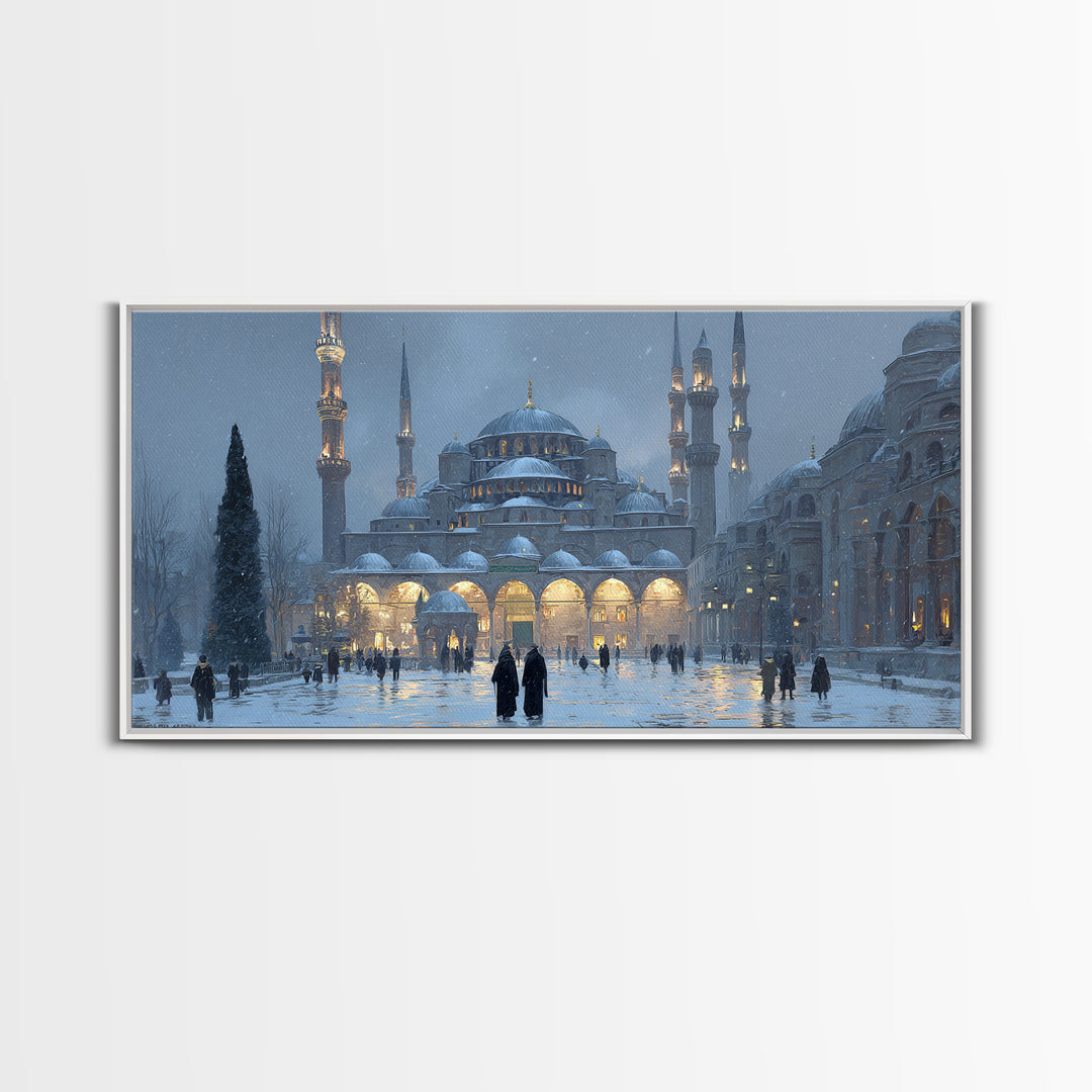 Snowy Istanbul Mosque Framed Canvas Print, Islamic Architecture Wall Art, Blue Winter Cityscape, Elegant Home Decor Gift