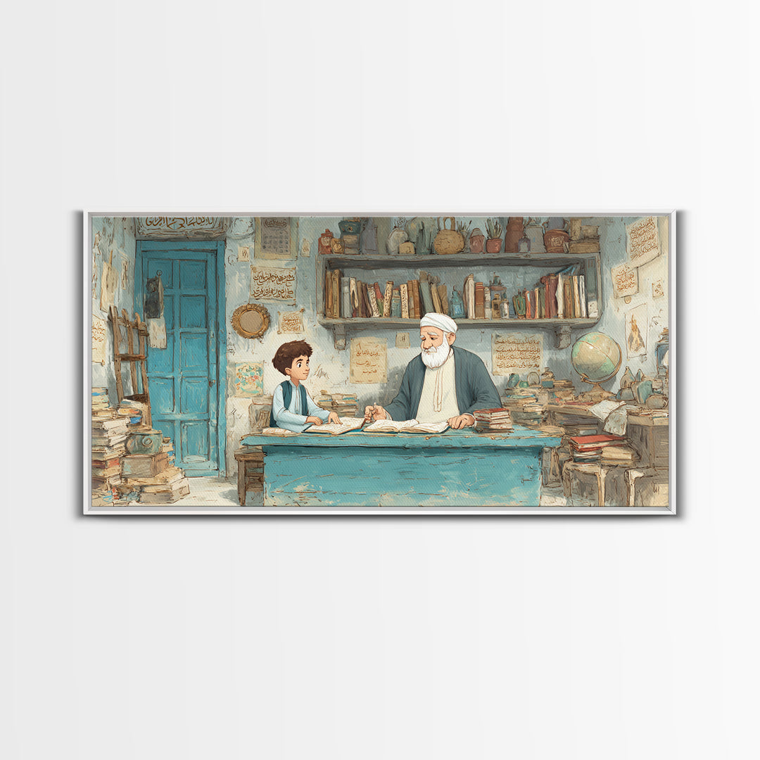Wise Teacher And Child In Arabic Library Wall Art, Islamic Calligraphy Canvas Print, Scholarly Office Decor Gift For Teacher