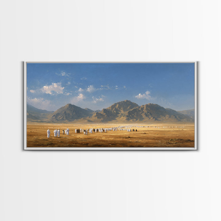 Desert Pilgrimage Beneath Rugged Mountains Framed Canvas Print, Islamic Wall Art, Panoramic Landscape Home Decor Gift Idea