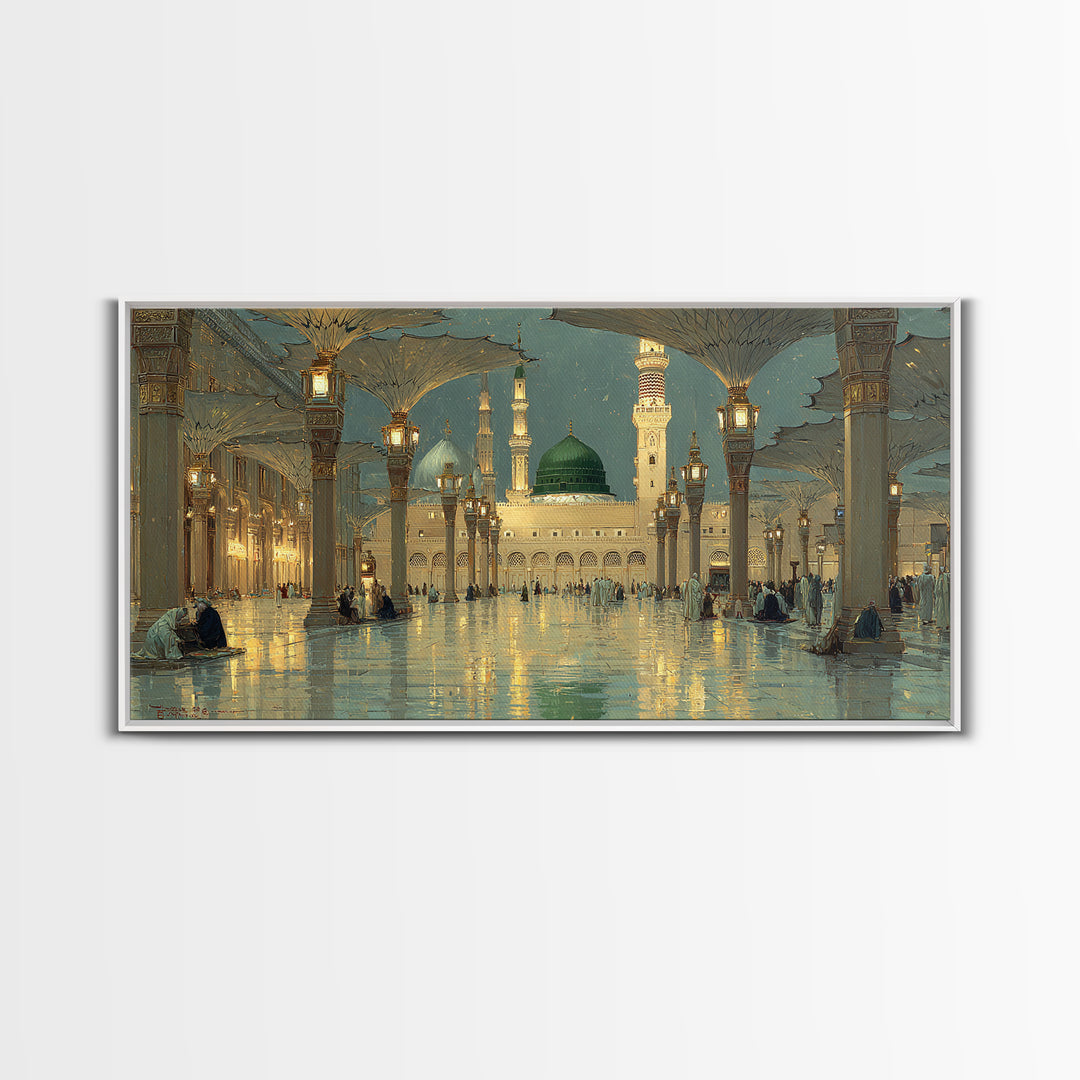 Golden Mosque Courtyard At Night Wall Art, Islamic Architecture Art Print, Serene Ramadan Decor And Muslim Gift For Prayer Room