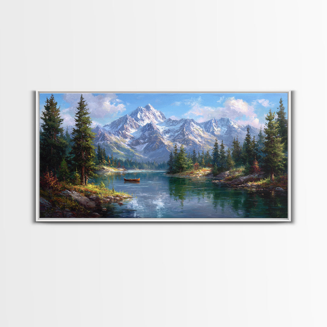 Snowy Mountain Lake With Canoe Framed Canvas Print, Alpine Landscape Wall Art, Rustic Cabin Decor, Nature Gift For Living Room