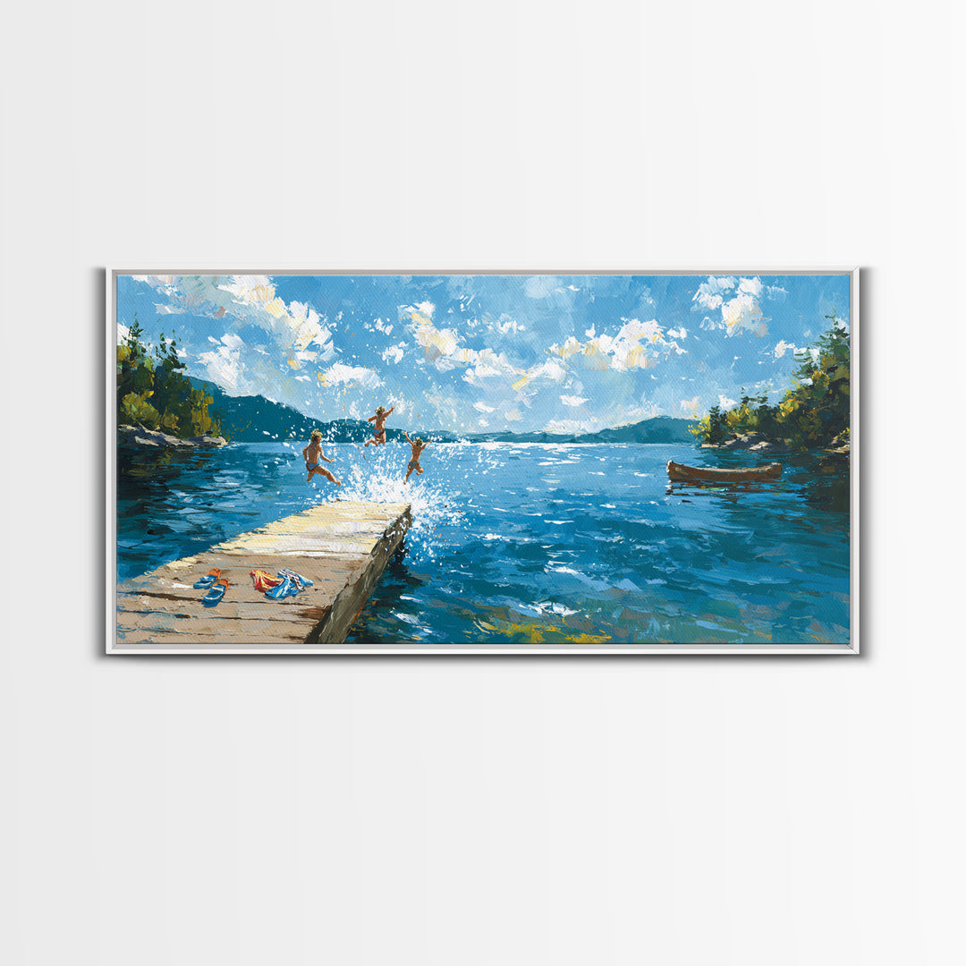 Summer Lake Dock Wall Art, Kids Swimming And Canoe Canvas, Bright Coastal Cabin Decor, Lake House Living Room Print Gift
