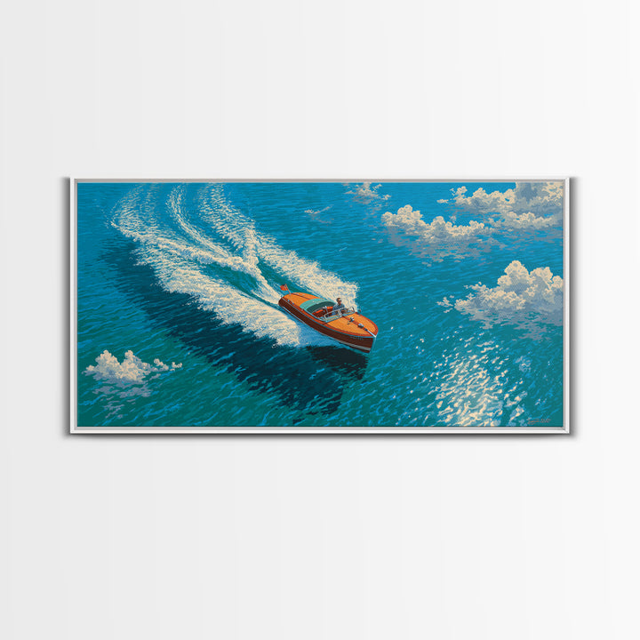 Orange Speedboat On Blue Ocean Canvas Print, Coastal Wall Art, Nautical Beach House Decor, Summer Travel Gift For Him, Art Print