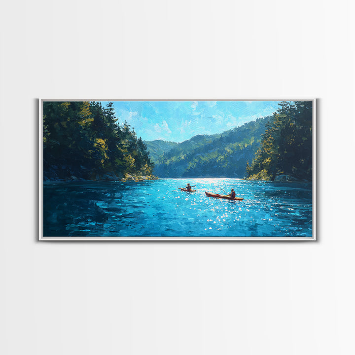 Kayakers On Blue Mountain Lake Wall Art, Forest Landscape Canvas Print, Calming Nature Decor, Serene Cabin Living Room Wall Art