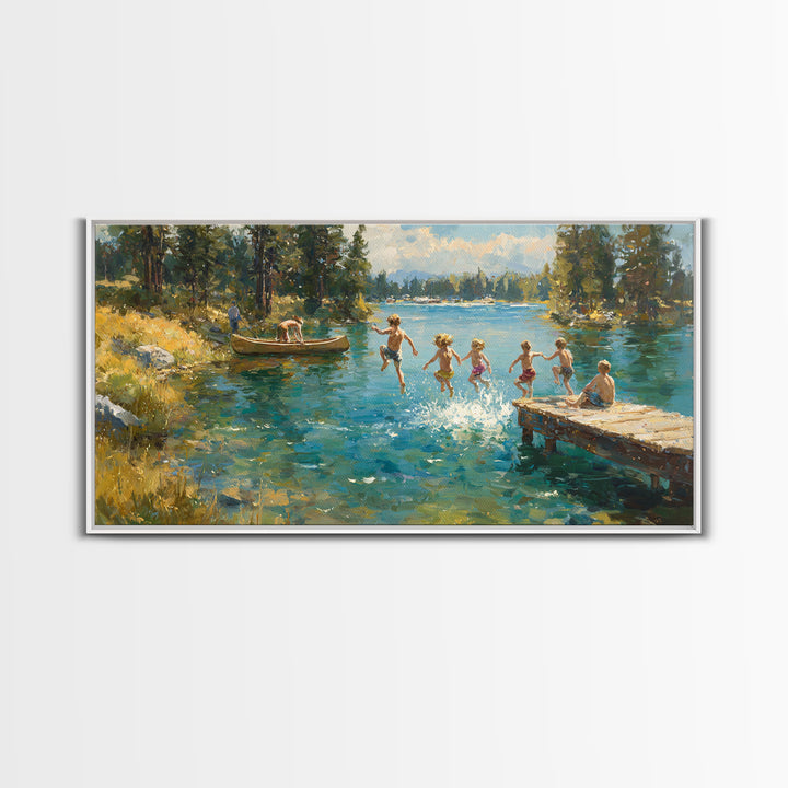 Children Jumping Into Summer Lake Canvas Print, Impressionist Landscape Wall Art, Cabin Decor, Lake House Art, Family Gift