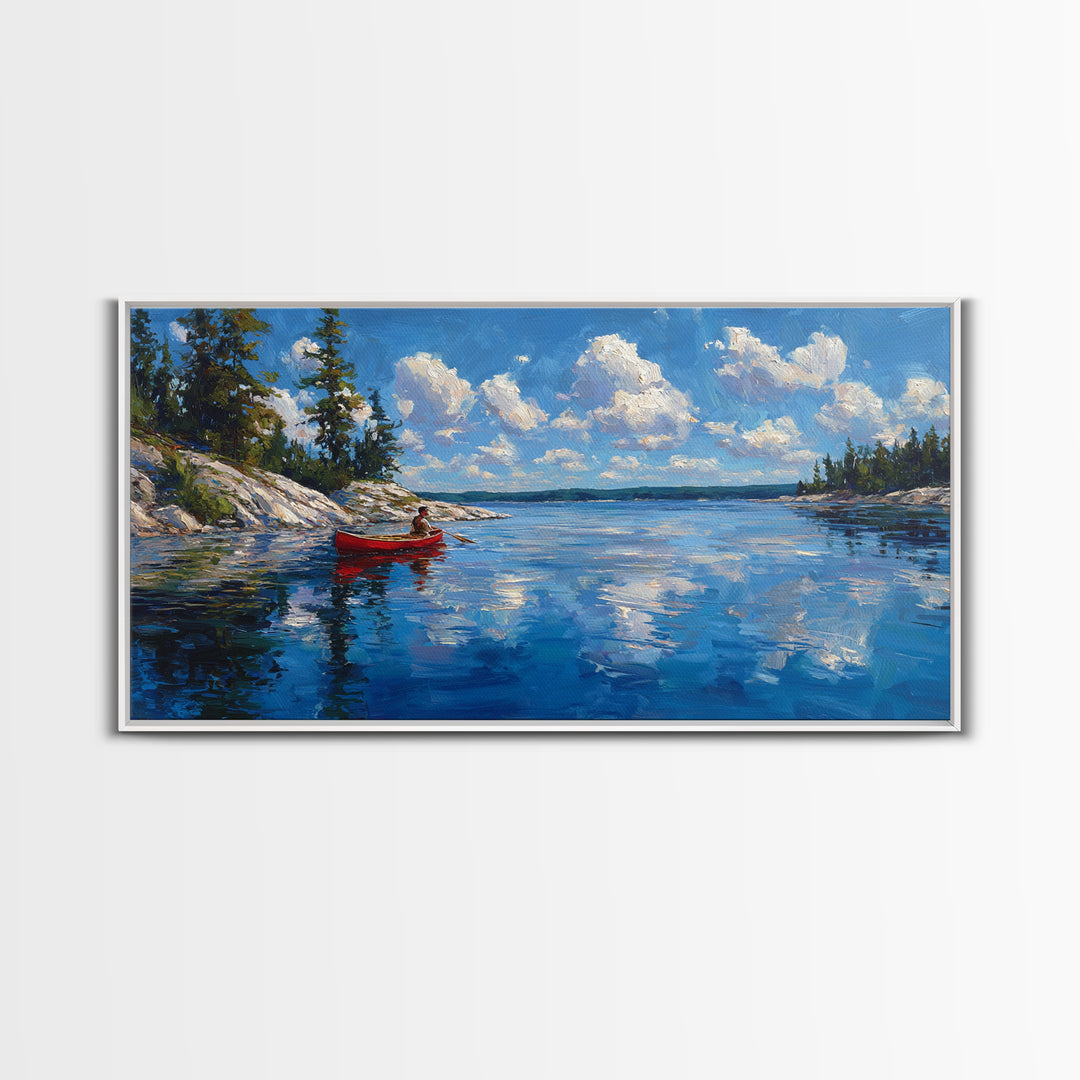 Red Kayak Mountain Lake Wall Art, Blue Water Landscape Canvas, Peaceful Cabin Decor For Lake House, Nature Art Print Gift