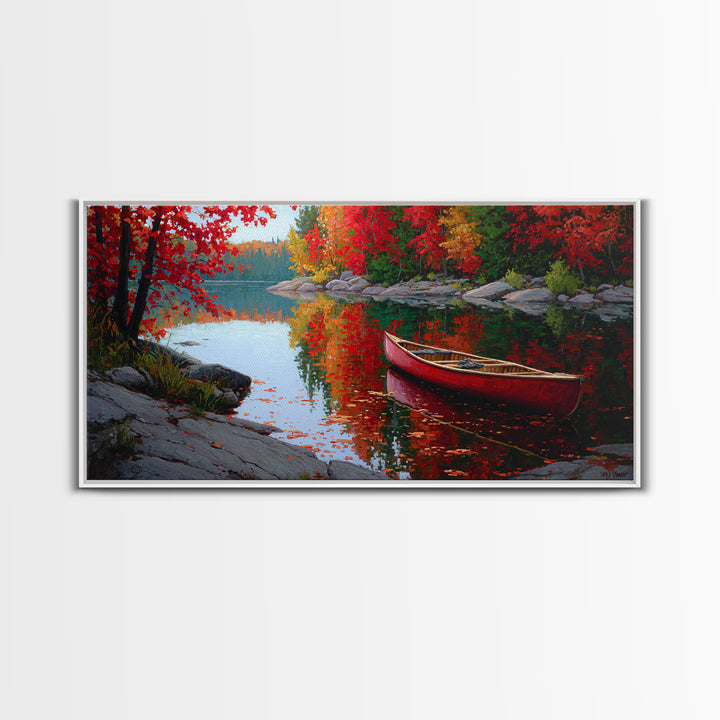 Red Canoe On Autumn Lake Framed Canvas Print, Cabin Wall Art, Fall Landscape Painting, Rustic Lake House Decor, Nature Art Print