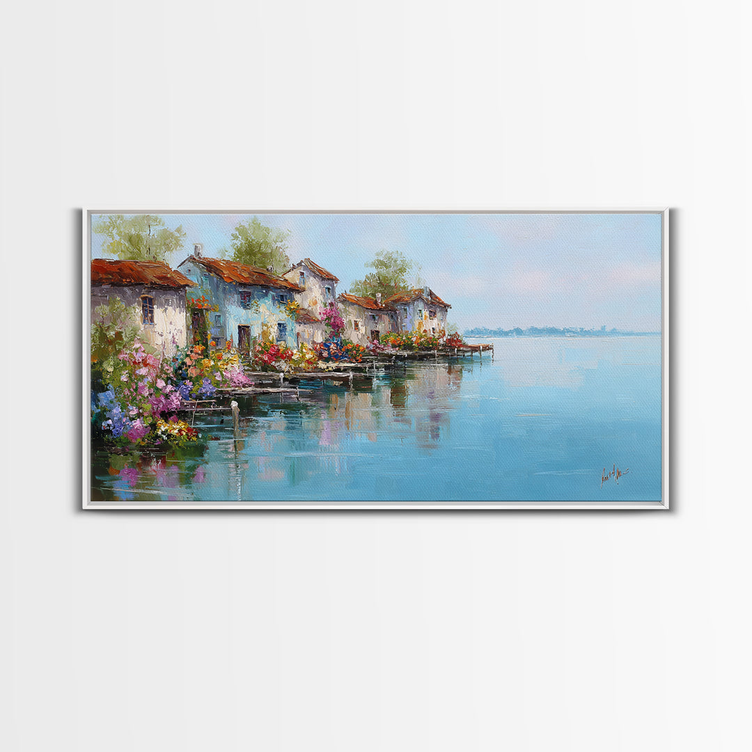 Mediterranean Village Reflected On Blue Water Wall Art, Italian Coastal Canvas Print, Lake Como Decor, European Home Decor