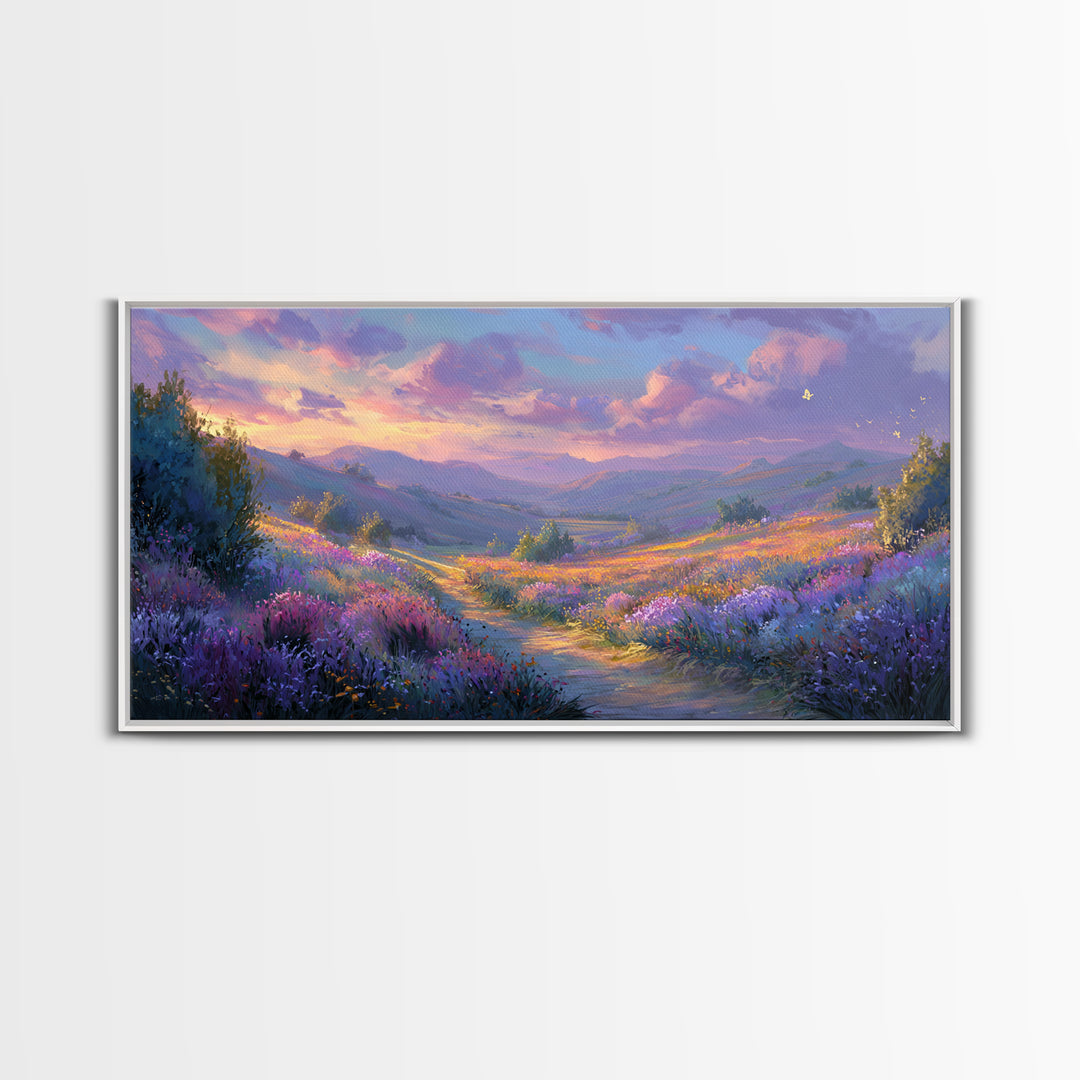 Lavender Mountain Valley Canvas Print, Colorful Landscape Wall Art, Purple Wildflower Living Room Decor, Statement Large Print
