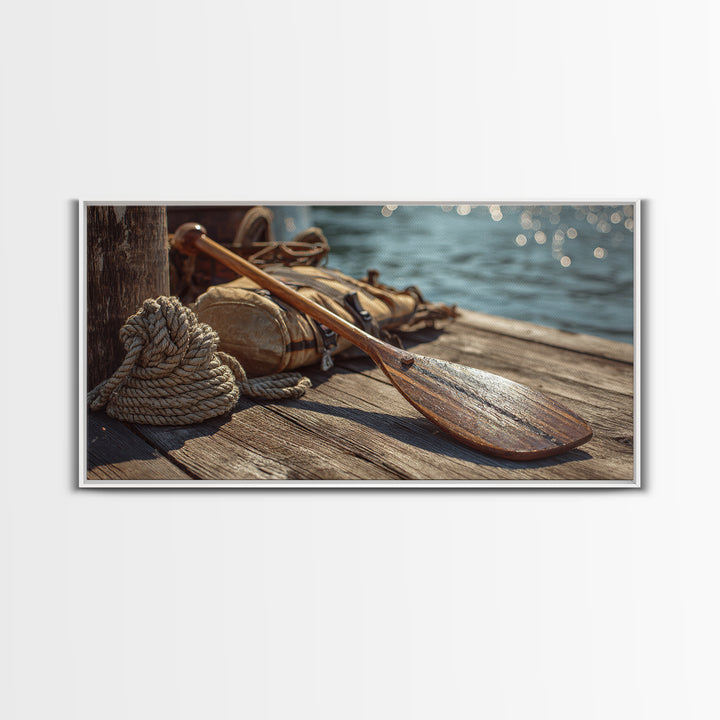 Weathered Paddle And Rope On Dock Canvas Print, Nautical Wall Art, Lake House Decor, Coastal Cabin Gift, Rustic Boat Print