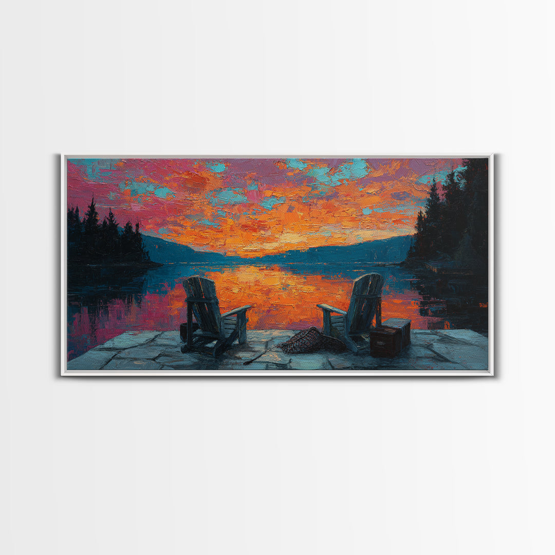 Two Adirondack Chairs By Vivid Lake Sunset Canvas Print, Cabin Wall Art, Rustic Decor, Lake House Decor, Cozy Gift For Living Room