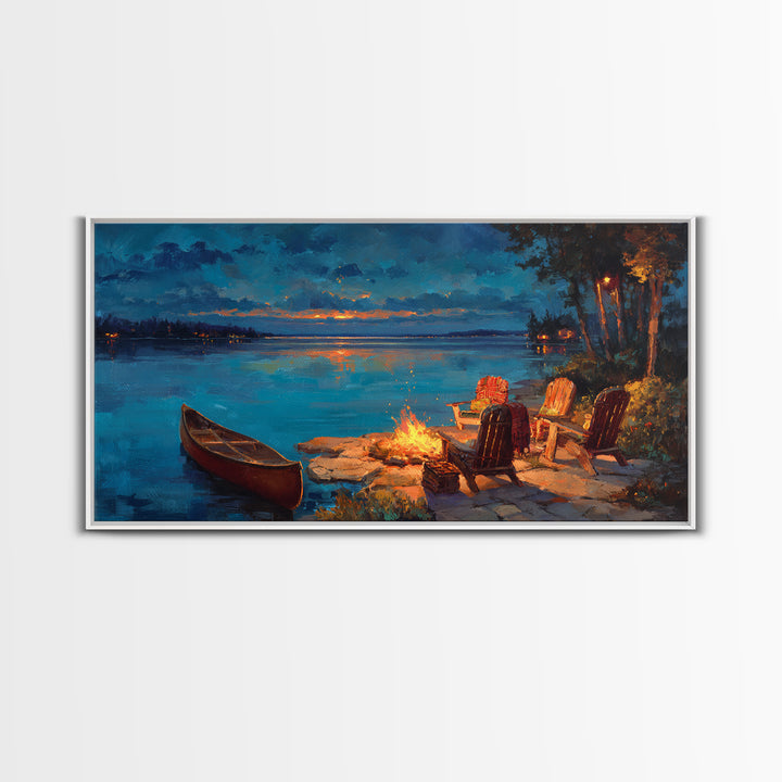Cozy Lakeside Campfire Wall Art, Adirondack Chairs And Canoe Canvas, Rustic Lake House Cabin Decor For Living Room Decor