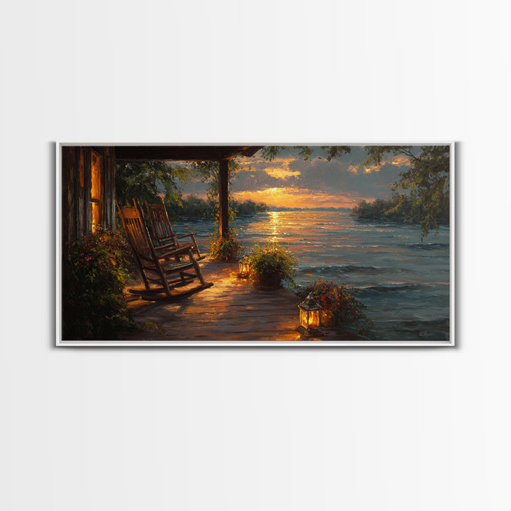 Sunset Porch Rocking Chair By Lake Wall Art, Cozy Cabin Canvas Print, Rustic Lakeside Home Decor, Housewarming Gift, Living Room Decor