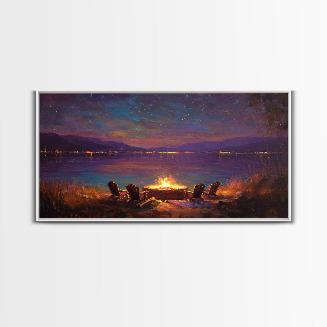 Campfire By Starlit Mountain Lake Canvas Print, Cozy Cabin Wall Decor, Rustic Landscape Art, Nature Lover Home Decor Gift