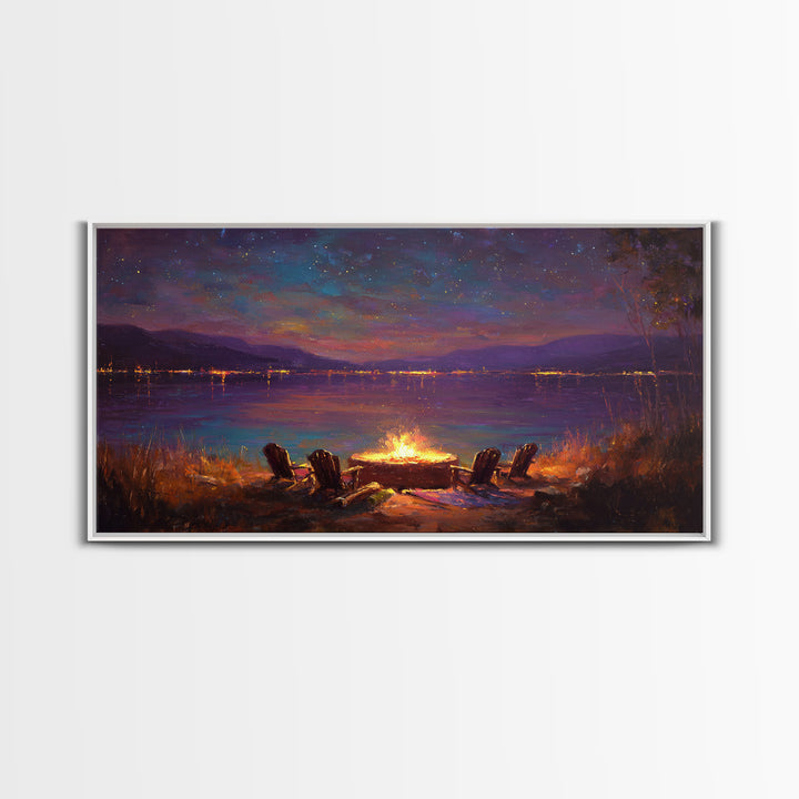 Campfire By Starlit Mountain Lake Canvas Print, Cozy Cabin Wall Decor, Rustic Landscape Art, Nature Lover Home Decor Gift