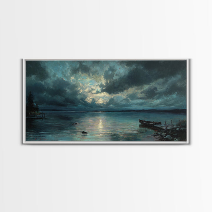 Stormy Moonlit Lake With Rowboat Wall Art, Moody Seascape Canvas Print, Dark Coastal Landscape Art, Living Room Decor, Office Decor