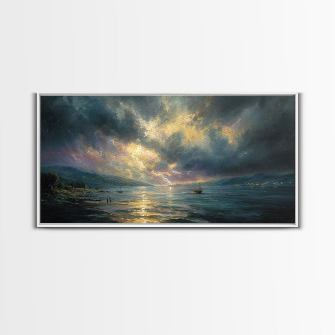 Stormy Ocean Lightning Seascape Canvas Print, Moody Wall Art, Nautical Decor, Coastal Landscape, Large Living Room Art Print