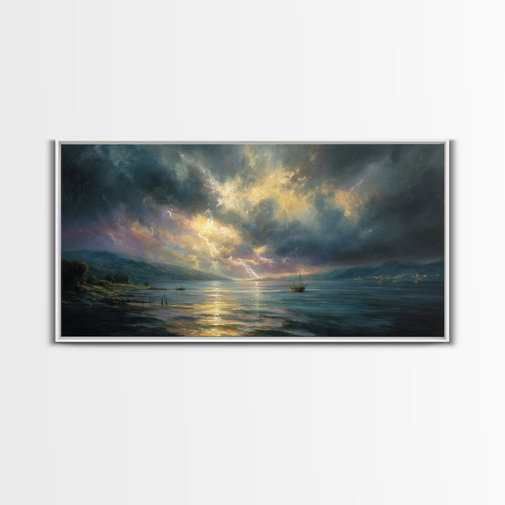 Stormy Ocean Lightning Seascape Canvas Print, Moody Wall Art, Nautical Decor, Coastal Landscape, Large Living Room Art Print