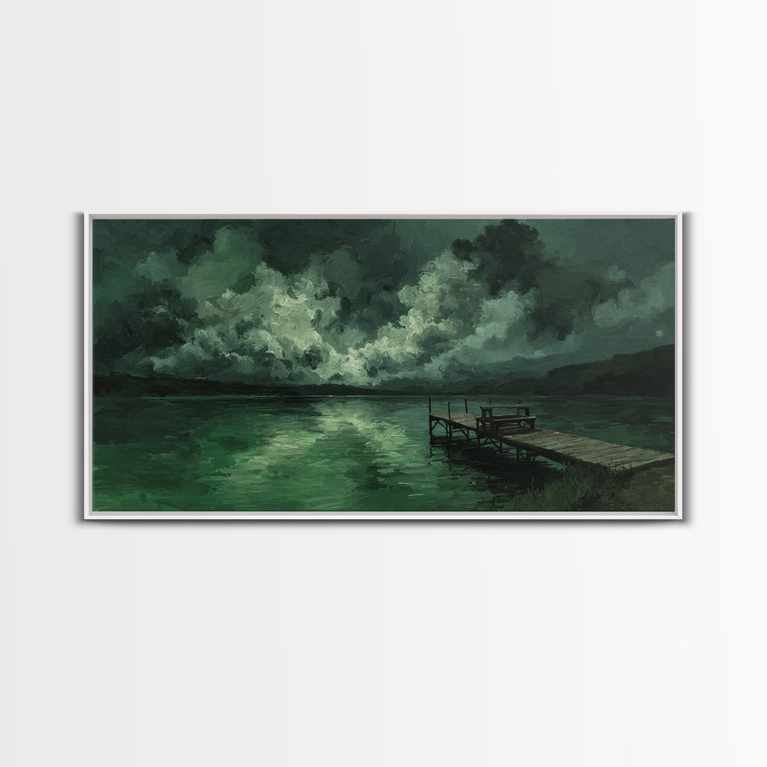 Moody Green Lake Dock At Stormy Night Wall Art, Dark Landscape Canvas Print, Rustic Cabin Decor, Emerald Nature Painting