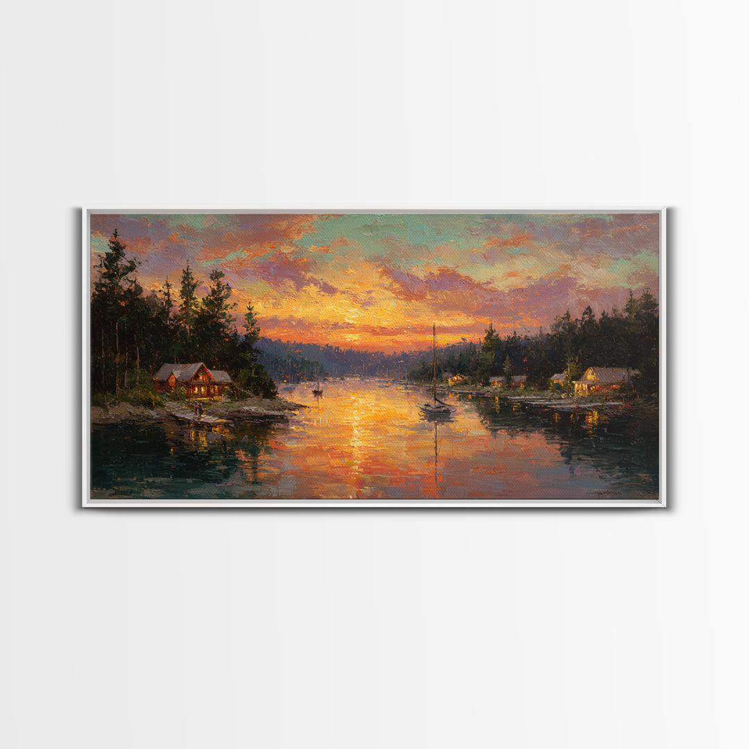 Glowing Lakeside Cabins At Sunset Framed Canvas Print, Rustic Lake House Wall Art, Cabin Decor, Landscape Painting, Living Room Decor