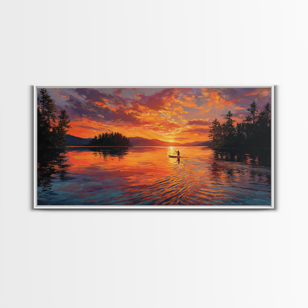 Fiery Sunset Kayaker On Mountain Lake Wall Art, Canvas Print, Outdoor Adventure Decor, Lake House Gift, Large Wall Art, Sunset Painting