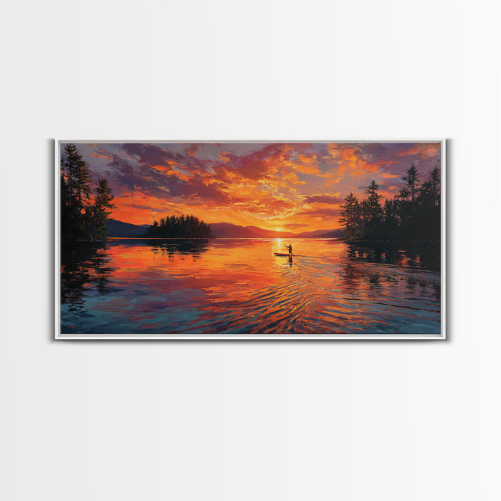 Fiery Sunset Kayaker On Mountain Lake Wall Art, Canvas Print, Outdoor Adventure Decor, Lake House Gift, Large Wall Art, Sunset Painting