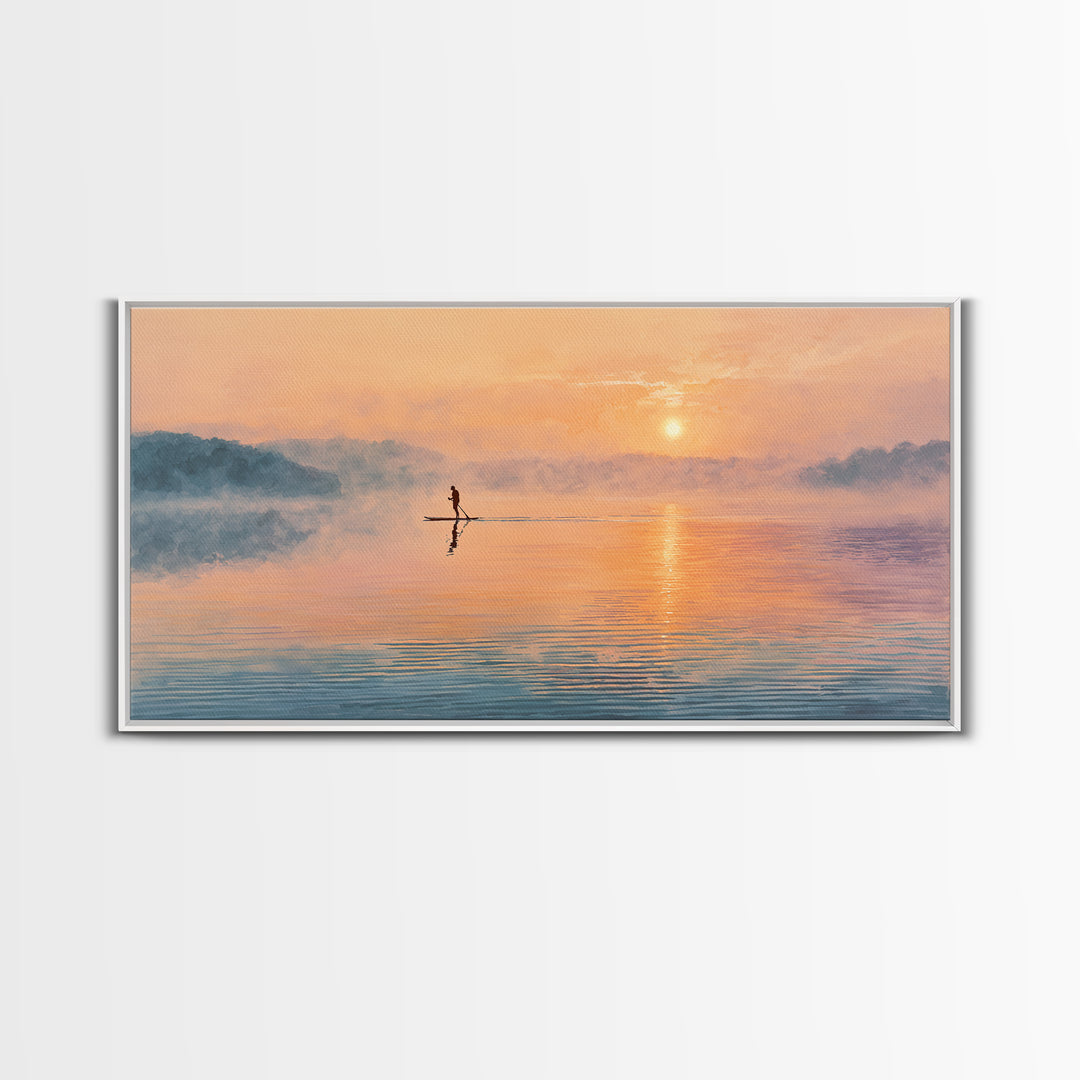 Minimal Paddleboarder On Misty Sunrise Lake Canvas Print, Calming Wall Art, Coastal Decor, Minimalist Landscape Art, Bedroom Decor
