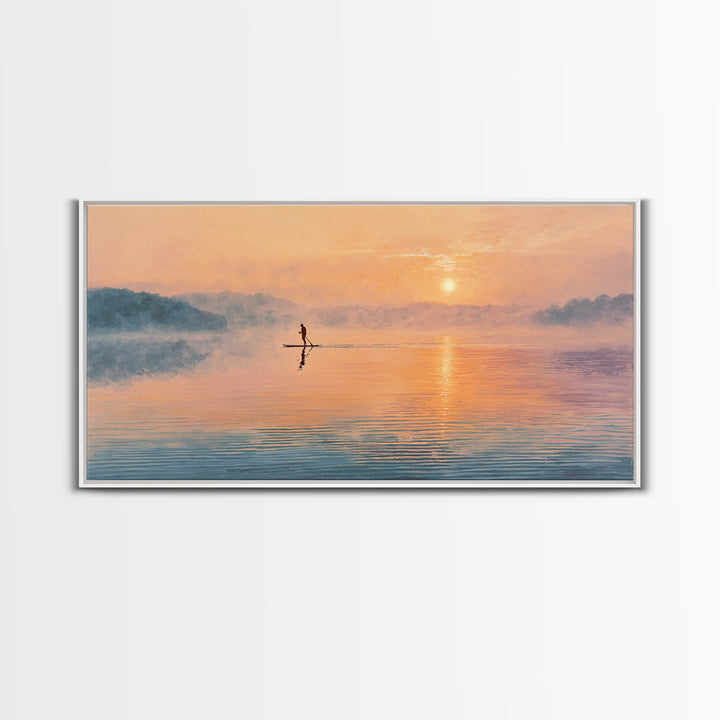 Minimal Paddleboarder On Misty Sunrise Lake Canvas Print, Calming Wall Art, Coastal Decor, Minimalist Landscape Art, Bedroom Decor