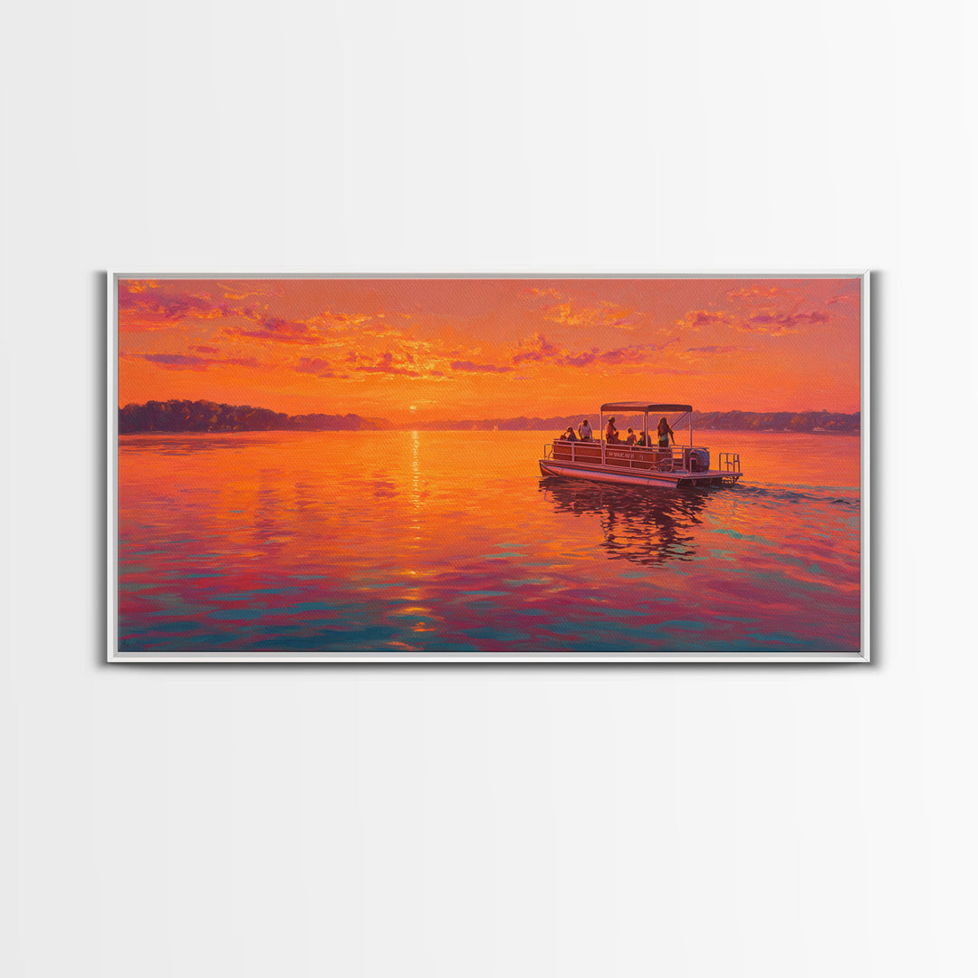 Orange Sunset Pontoon Boat On Calm Lake Framed Canvas Print, Lake House Wall Art, Nautical Decor, Summer Home Decor, Gift For Him
