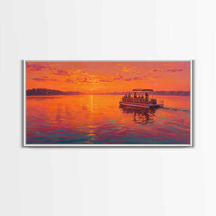 Orange Sunset Pontoon Boat On Calm Lake Framed Canvas Print, Lake House Wall Art, Nautical Decor, Summer Home Decor, Gift For Him