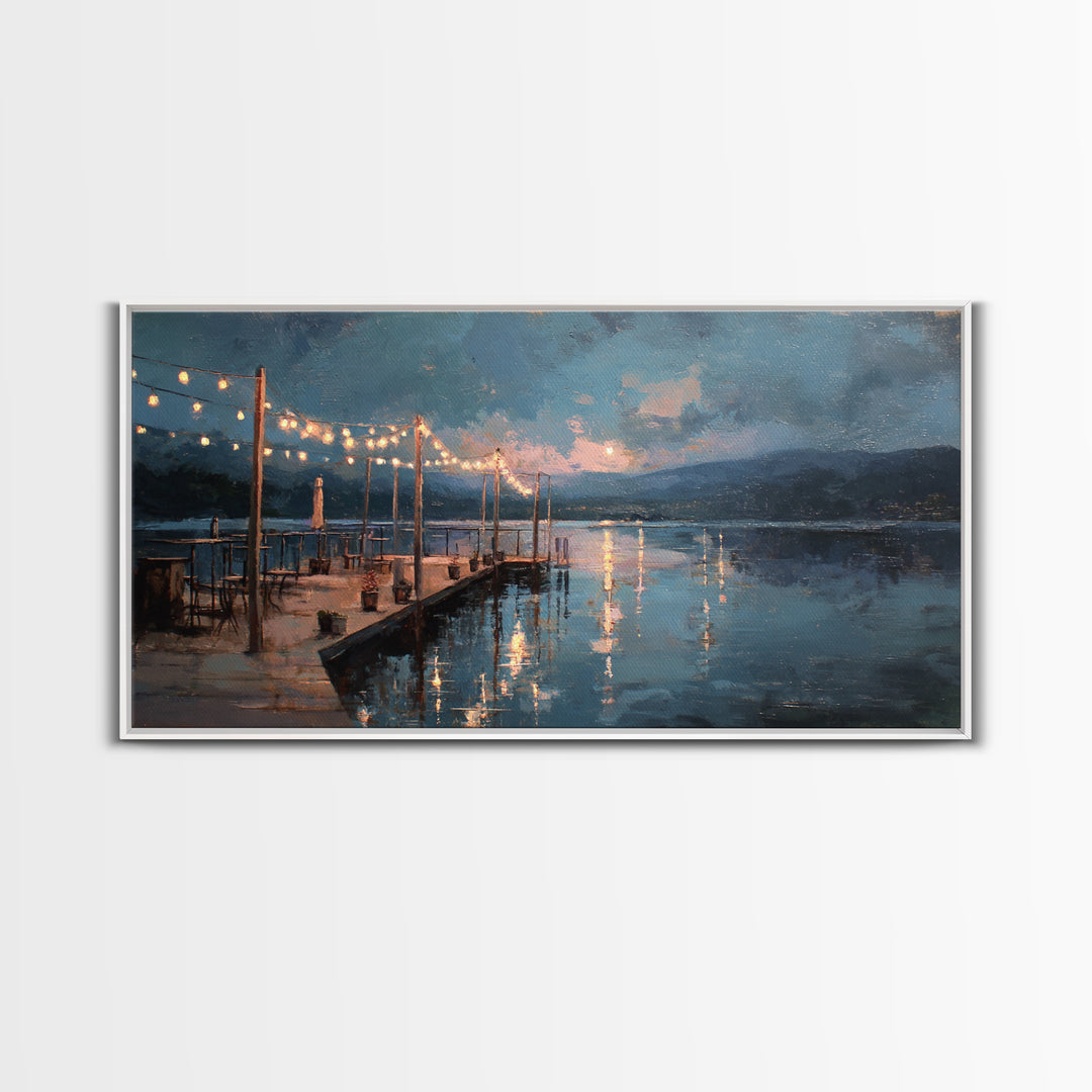 Moonlit Dock With String Lights Framed Canvas Print, Moody Lake Wall Art, Coastal Wall Decor, Rustic Cabin Home Decor, Office Decor