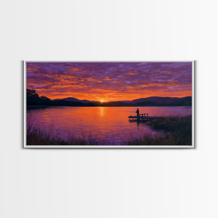 Solitary Figure On Dock At Purple Sunset Wall Art, Framed Canvas Print, Mountain Lake Decor, Peaceful Bedroom Art, Living Room Decor